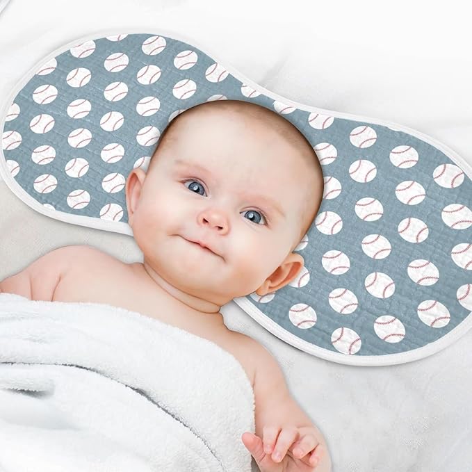 Baby Muslin Burp Cloths Set of 4 Baseball Blue Muslin Washcloths American Sport Championship Patch Sports Milk Spit Up Rags Soft Newborn Towel for Unisex Boys and Girls, 22 x 11 Inch