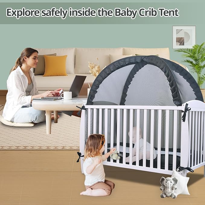 South to East Crib Tent, Pop Up Safet Crib Net to Keep Baby from Climbing Out, Breathable & Skin-Friendly Mesh Crib Cover, Strong and Firm X Metal Frame, Mosquito Netting for Baby, Black