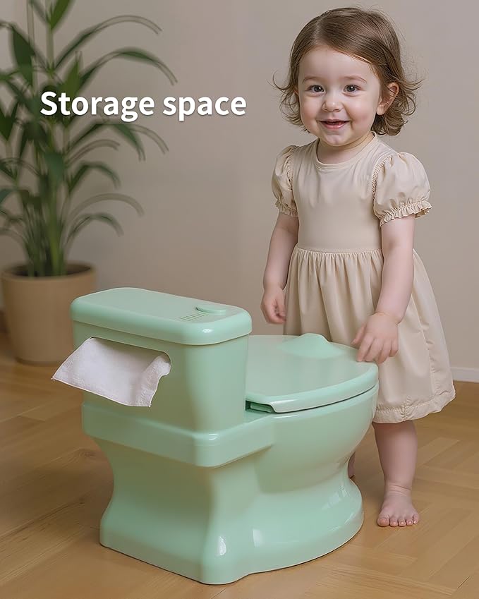 Realistic Potty Training Toilet - Flushing Sounds, Wipes Storage, Disposable Liners, Easy to Clean for Toddler Boys and Girls (Green)