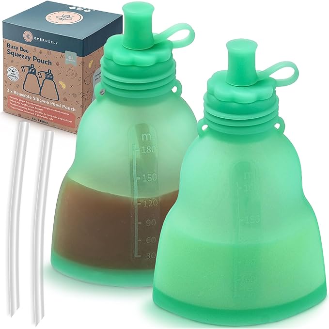 Everusely Reusable Baby Food Pouches for Toddlers - 2 Pack, 6 oz/180 ml, Green - Squeezable Silicone Food Pouch - Refillable, Leakproof, Spill Proof Puree Containers - BPA Free - Dishwasher Safe