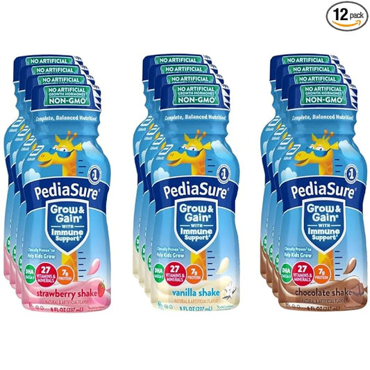 PediaSure Grow & Gain Nutrition Shake for Kids, Immune Support Shake Variety Sampler Pack - 12 Pack Of 8 Fl Oz Bottles - By Obanic (12-Pack)