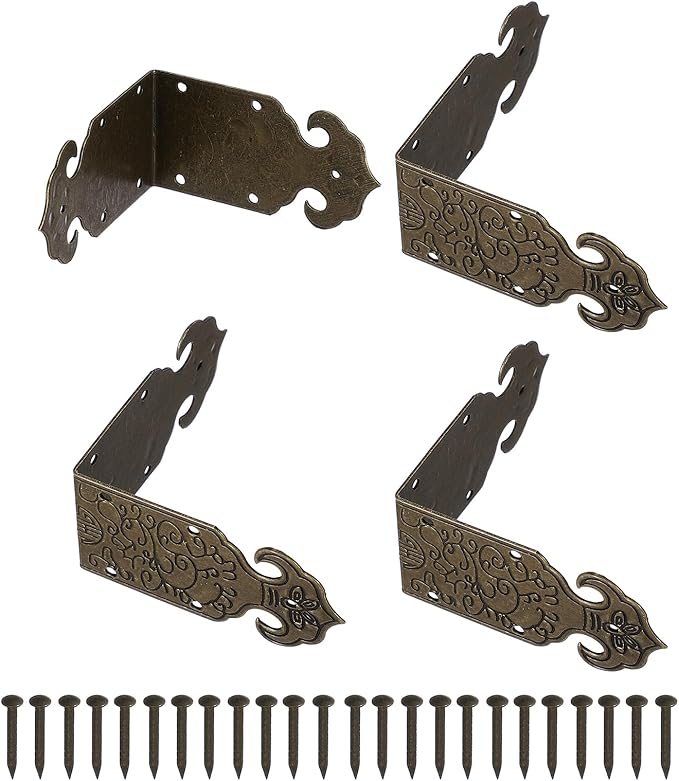 uxcell 4Pcs L Shaped Vintage Embossing Brass Decorative Corner 2 x 1 Inch Corner Protector with Mounting Nails Box Edge Guard Retro for Cabinets Furniture Decorative (Bronze)