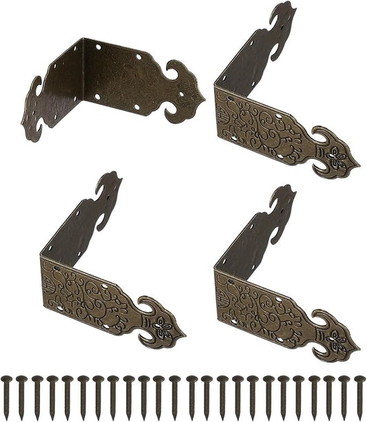 uxcell 4Pcs L Shaped Vintage Embossing Brass Decorative Corner 2 x 1 Inch Corner Protector with Mounting Nails Box Edge Guard Retro for Cabinets Furniture Decorative (Bronze)