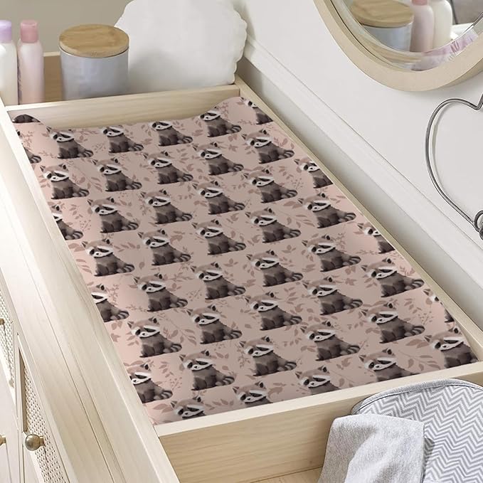 Cute Animals Baby Changing Pad Covers Baby Raccoon Retro Leaves Diaper Change Table Sheets for Girl Boy Soft Stretch Fitted Changing Table Pad Mat Cover 32''x16''