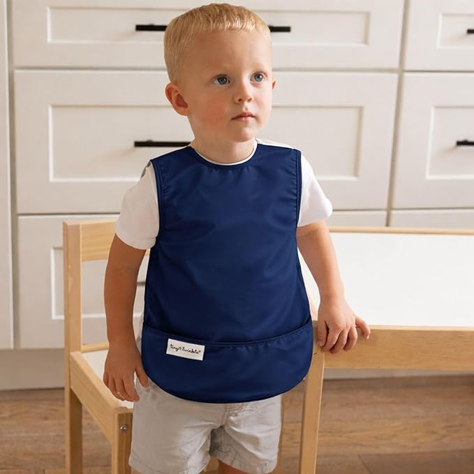 Tiny Twinkle Mess Proof Baby Bibs | 2 Pack Waterproof Toddler Bib for Eating | Baby Apron for Feeding, Machine Washable, Perfect Shower Gift (Grey Indigo, 6–24M)