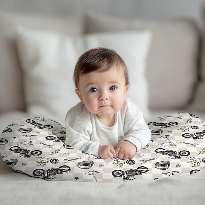 Cute Motorcycle Flag Plaid Nursing Pillow Cover Stretchy and Soft for Baby Girls Boys Motor Bikes Stars Breastfeeding Pillow Slipcovers for Race Vehicles Standard Nursing Pillows for Newborn