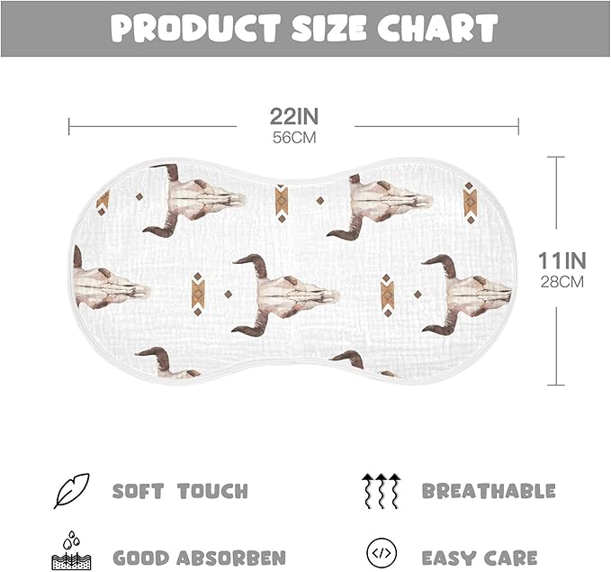 Western Bull Skull Burp Cloths Baby Boys Girls Absorbent Soft Cotton Burping Cloths Rags 2 Pack