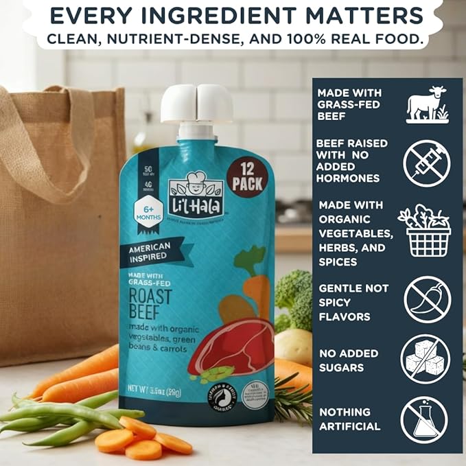 Li'l Hala Beef Baby Food Pouch | Roast Beef (12ct) | Savory 6+ Months Meat Baby Food Pouches with Protein and Organic Veggies, Nutrient Packed Toddler Snacks with Iron | Stage 2 Baby Food Meat Puree