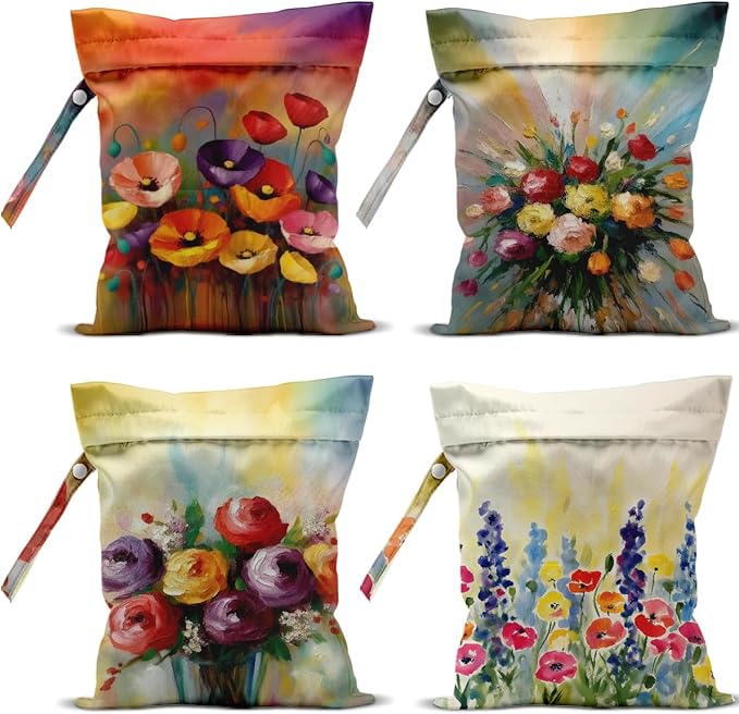 4 Pack Cute Wet Bag Waterproof Washable Reusable Wet Dry Bag for Swimsuit Dirty Clothes Diaper Travel Beach Pool Gym Christmas Birthday Camping Toiletries Beach Essentials，Fashion Colorful Floral
