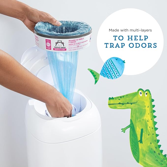 Amazon Brand - Mama Bear Blossoms Scented Diaper Pail Refills for Diaper Genie Pails with Odor Elimination, 1080 Count (4 Packs of 270 Count)