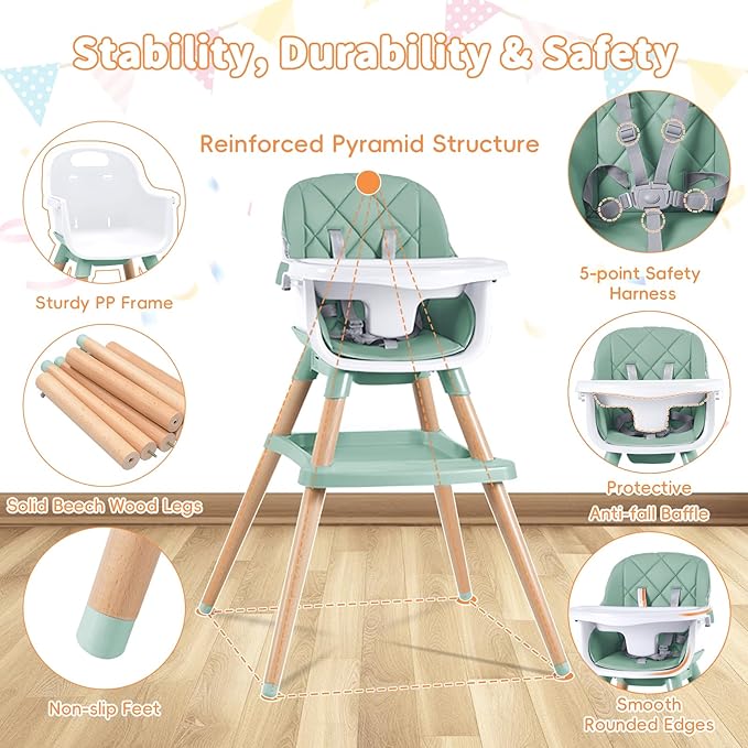Babyliebe Baby High Chair, 8 in 1 Convertible Wooden High Chair for Babies and Toddlers, Converts to Booster Seat, Toddler Chair & Stool, with Removable Double Tray, Adjustable Legs & Footrest (Green)