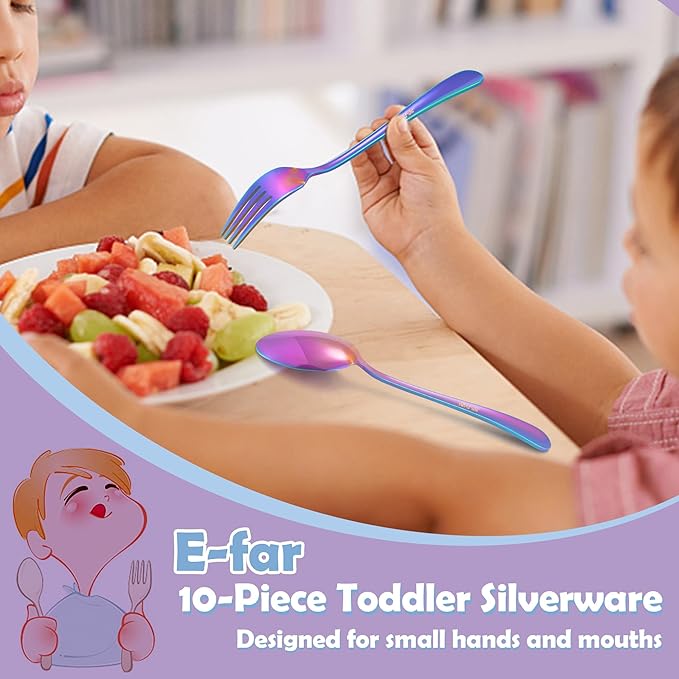 E-far Toddler Forks and Spoons Set, 10-Piece Stainless Steel Toddler Utensils Kids Safe Silverware for Self Feeding, Healthy & Non-Toxic, Rainbow
