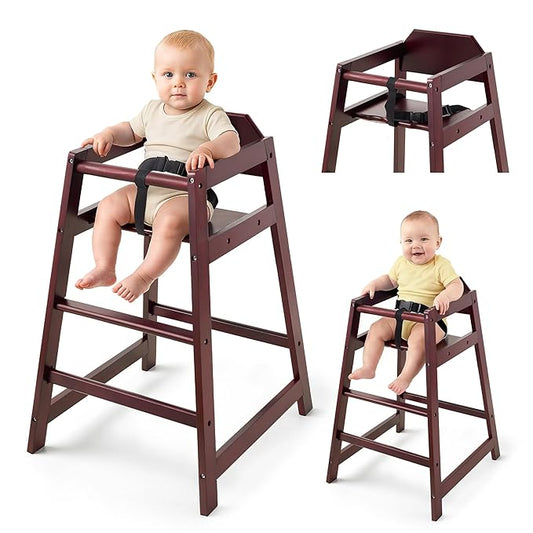 Wooden High Chairs for Babies and Toddlers, Restaurant-Style Stackable High Chair with Commercial Grade Solid Wood for Dining Table & Kitchen, Easy to Clean Baby Booster Seat - Burgundy