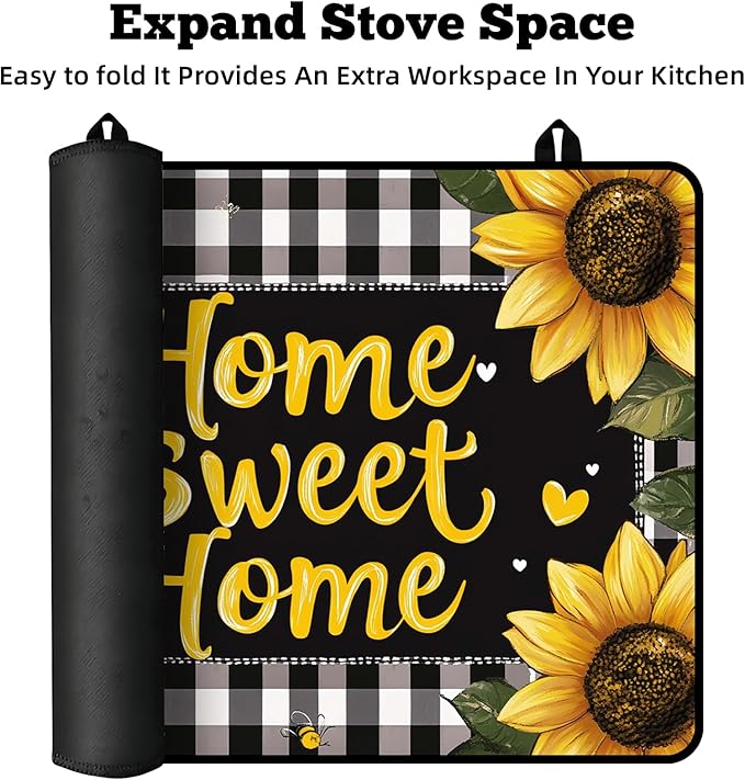 Multi-Design Stove Top Cover for Glass/Electric Stoves - 3-in-1 Heat-Resistant Protector Mat, Non-Slip Drying Rack 28"x20" (Sunflower)