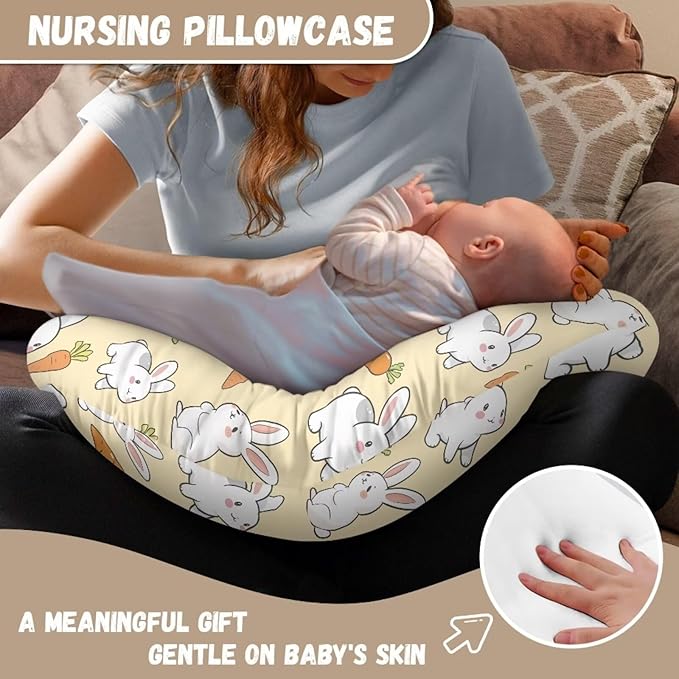 Cute Rabbits and Carrots Nursing Pillow Cover for Baby Boy Girl Newborn U-Shaped Breastfeeding Pillowcase Cushion Cover Stain Resistant and Not Easy to Fade