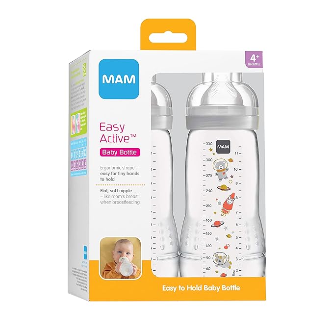 MAM Easy Start Anti-Colic Bottle 9 oz (3-Count), Baby Essentials, Medium Flow Bottles & Easy Active Bottle 11 oz (2-Count), Fast Flow Bottles, 4+ Month, Unisex, Gray