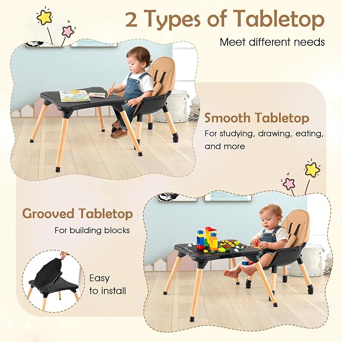 GLACER High Chair, 6-in-1 Convertible Wooden High Chairs for Babies and Toddlers w/Building Block Table, 5-Point Safety Harness, Removable Tray, PU Cushioned Baby High Chair for 6-36 Months (Coffee)