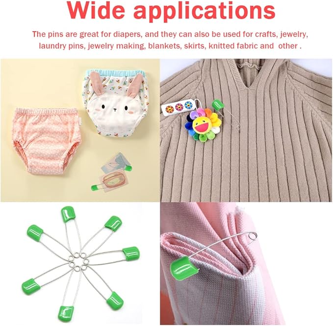 50 PCS Safety Pin 54mm/2.2in Baby Diaper for Cloth Plastic Head Baby for Diapers Stainless Steel Cloth with Locking Closures Nappy for Crafts（DT/Green）