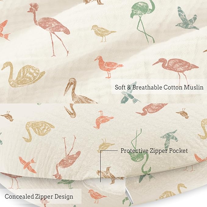 Little Grape Land Muslin Nursing Pillow Covers, 100% Cotton Removable Breastfeeding Pillow Covers, Breathable Slipcover for Baby Boys & Girls, (Wetland Birds & Rosy)