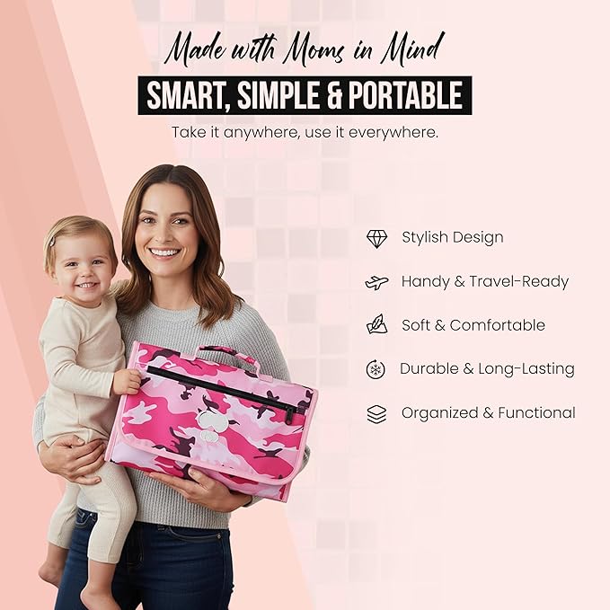 Pink Baby Camo Portable Diaper Changing Pad Waterproof Foldable Travel Mat with Pockets Soft Oxford Fabric Lightweight Compact Changing for Parents Multiple Pockets for Storage