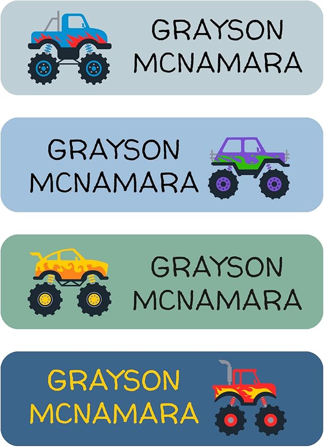 128 Monster Truck Custom Kid Name Label for Daycare, Waterproof Dishwasher Safe, Personalized Name Sticker for Camp, School Supply, Baby Bottle, Lunch Boxes, Water Bottle, Cups (Pattern2)