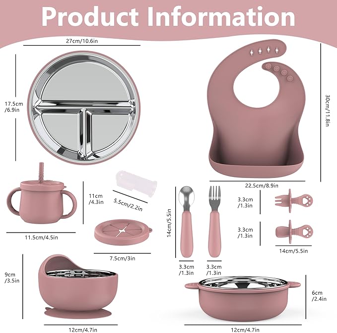 13 Pack Silicone Baby Feeding Set, BPA-Free Stainless Steel Toddler Feeding Supplies, Include Suction Plates, Baby Bowls, Silicone Fork & Spoon, and More, First Stage Baby Dish Set - 6+ Months