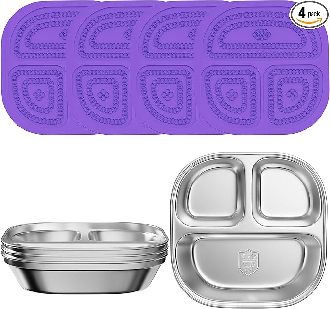 Set of 4 Snack Containers,Stainless Steel Kids Plates,Stainless Steel Toddler Plate with Silicone Lids- Reusable Meal Prep Lunch Containers for Kids Non Toxic & 100% BPA Free (Purple)