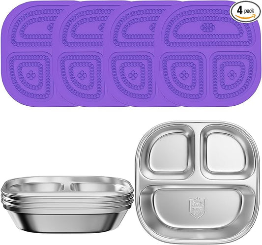 Set of 4 Snack Containers,Stainless Steel Kids Plates,Stainless Steel Toddler Plate with Silicone Lids- Reusable Meal Prep Lunch Containers for Kids Non Toxic & 100% BPA Free (Purple)