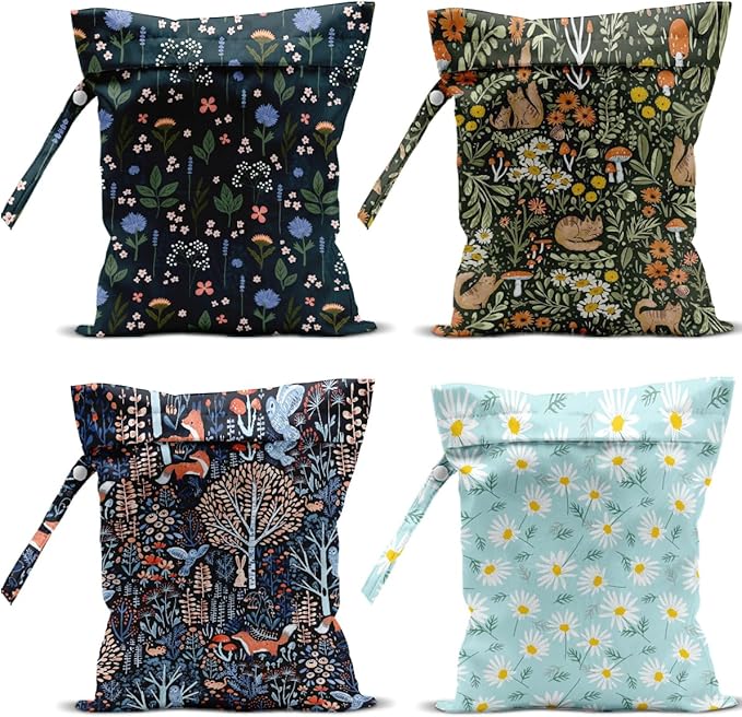 4 Pack Cute Wet Bag Waterproof Washable Reusable Wet Dry Bag for Swimsuit Dirty Clothes Diaper Travel Beach Pool Yoga Gym Christmas PartyToiletries Beach Essentials, Forest Fox Cat Daisy Wildflower