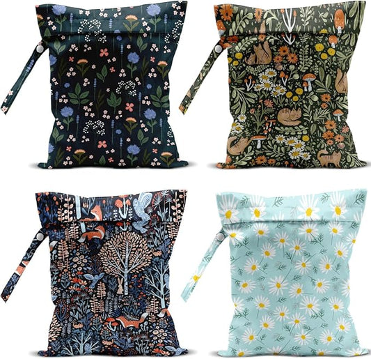 4 Pack Cute Wet Bag Waterproof Washable Reusable Wet Dry Bag for Swimsuit Dirty Clothes Diaper Travel Beach Pool Yoga Gym Christmas PartyToiletries Beach Essentials, Forest Fox Cat Daisy Wildflower