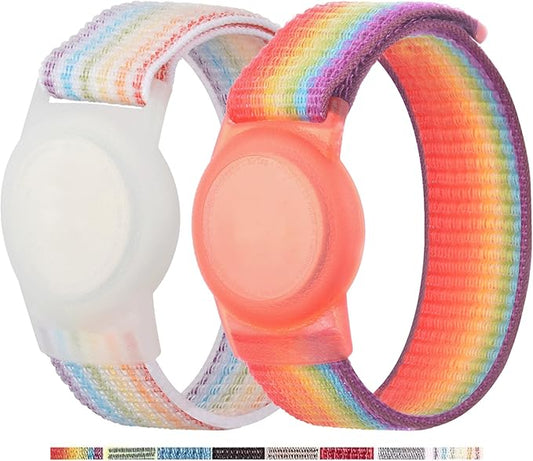 2 Pack Bracelet for Kids,Protective Cover with Nylon Wristband, Anti Lost GPS Trackers Case Cover Elastic Watch Band for Toddlers Girls Boys Elders(Rainbow)