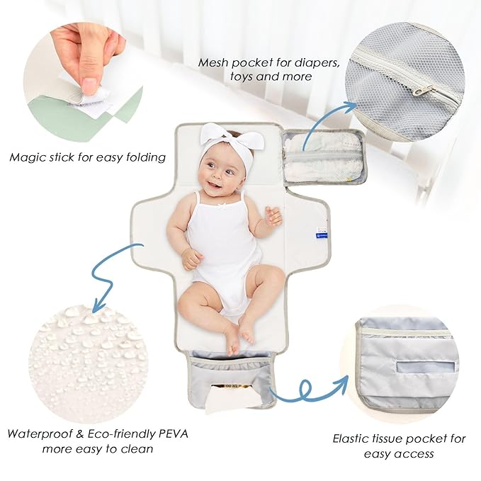 Portable Diaper Changing Pad Travel Baby Changing Mat Waterproof Diaper Changing Mat Foldable Lightweight Baby Changer with Built-in Pillow Checkered White and Green