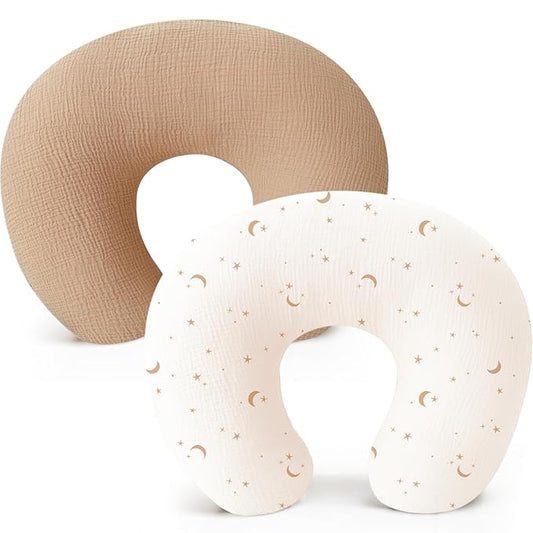 Konssy Muslin Nursing Pillow Covers, Soft and Cute Nursing Covers for Breastfeeding Pillows, Ideal for Newborn Baby Boys and Girls (Camel, Moon) - 2 Pack