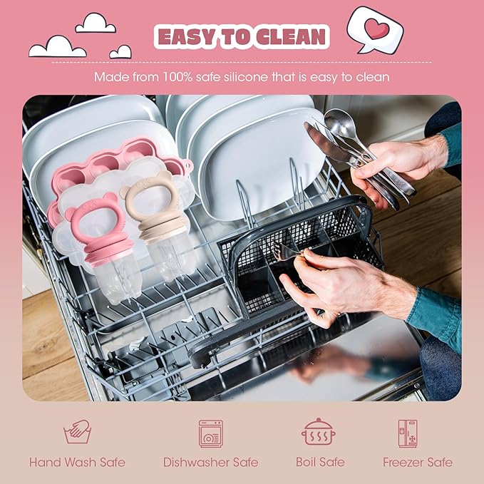 Baby Food Feeder Set, 2 Packs Fruit Feeder & Breastmilk Popsicle Molds Freezer Tray with Lid, Silicone Fruit Feeder to Teething Relief, Introduce New Foods, Baby Feeding Essentials(Red+Beige)