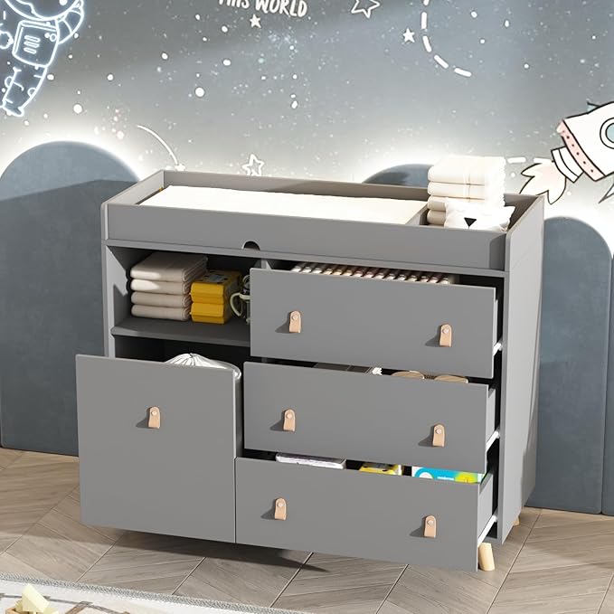Baby Dresser with Changing Table Top, 4 Drawers Nursery Dresser with Removable Guard, Infant Diaper Changing Station Baby Cloth Organizer for Nursery and Kids Bedroom, Grey - 44.9" W