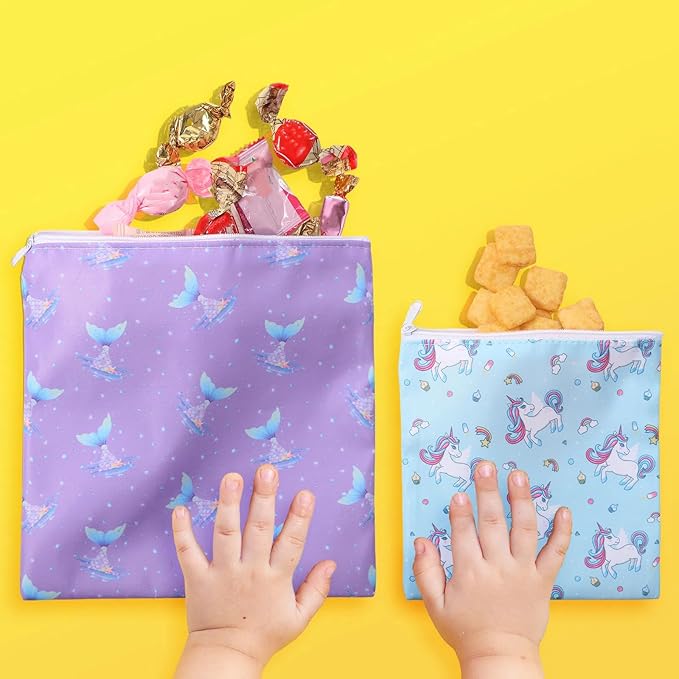 Paterr 4 Pcs Sandwich Bag Reusable Zipper Snack Bags Washable Food Safe Lunch Bags for Kids Students Adults Food (Unicorn)