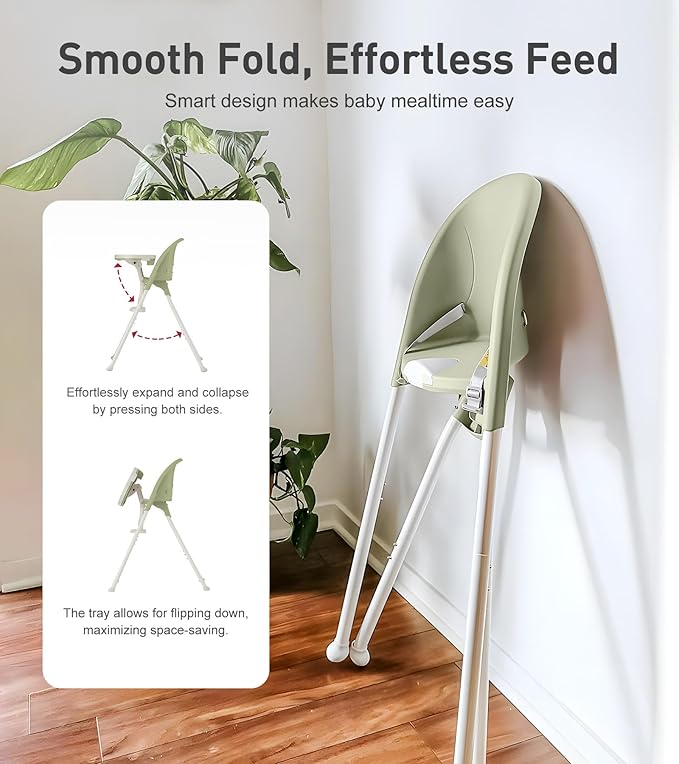 Mallify Foldable High Chair, Space-Saving Portable Baby High Chair with Removable Double Tray, Modern Convertible Baby Feeding Chair, Lightweight, Easy to Clean, Green