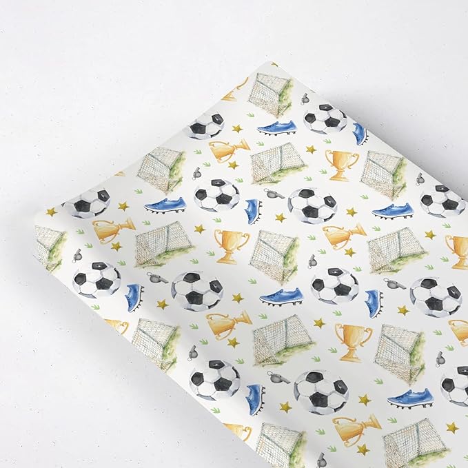 Watercolor Soccer Balls Shoes Stars Pattern Baby Changing Pad Cover, Unisex Sports Theme Nursery Diaper Changing Table Pad Mat Sheet for Boys Girls-16x32