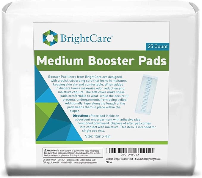 Medium Adult Diaper Booster Pad Liner - Inserts with Adhesive (12 x4 Inch) - Doubler Locks in Moisture Throughout Day or Night (25 Count) by BrightCare