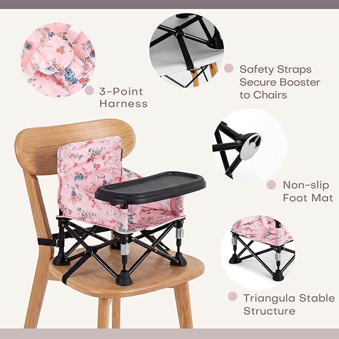 Booster Seat for Kitchen Chair with Removable Tray, Portable Foldable Baby Chair for Babies 6-36 Months, Indoor Outdoor Toddler Camping Chair (Pink Floral Design)