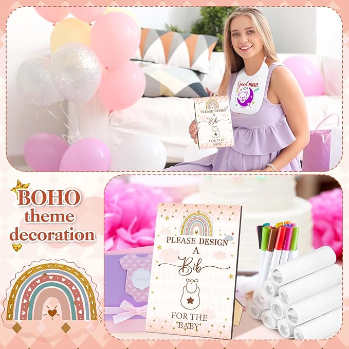 Panitay 100 Pcs DIY Baby Bibs Decorating Kit 50 White Bibs 25 Stencils 24 Markers 1 Baby Shower Game Sign