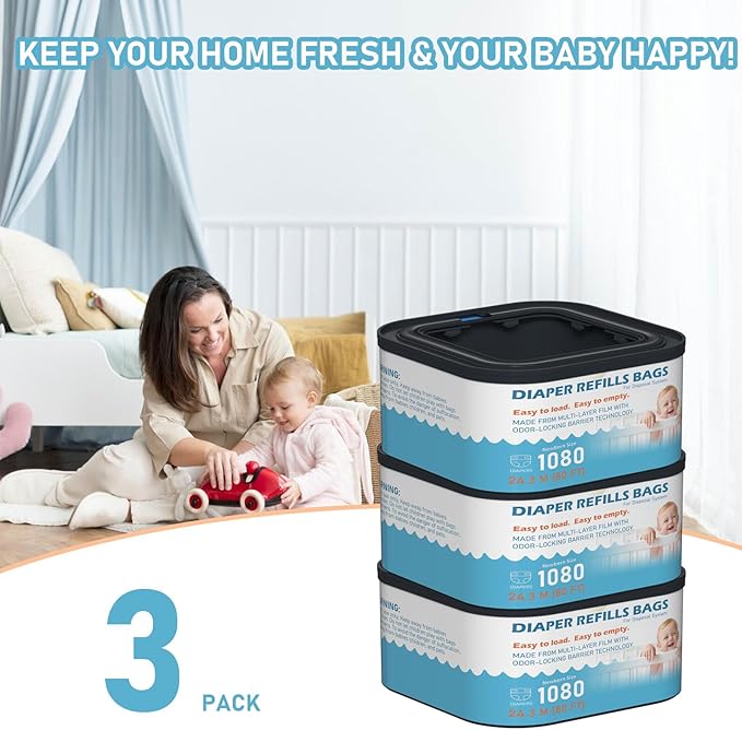 Jumbo+ Square Refills Disposal Bags Refill (Baby Powder Scent) Compatible with Diaper Genie Classic, Compact and Select Pails, Hold Up to 1080 Newborn-Sized Diapers Per Refill, 3 Pack