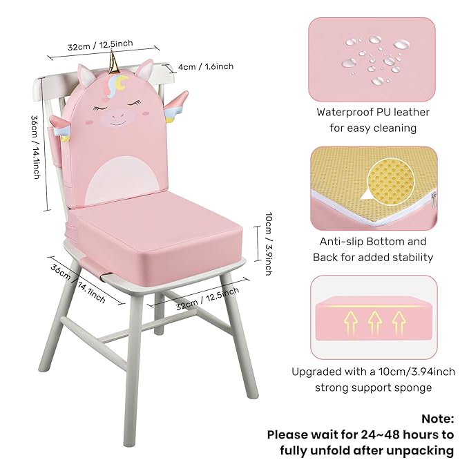 Toddler Booster Seat for Dining Table with Backrest, 4inch Non-Slip Kids Booster Seat for Kitchen Chair, PU Waterproof Detachable Increasing Cushion (Pink Unicorn)