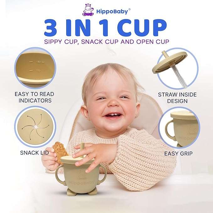 HippoBaby Baby Led Weaning Supplies | 10 Piece Silicone Baby Feeding Set | Baby Toddler Bib Cup Divided Plate and Bowl Self Feeding Spoons Dish Set | Baby Utensils | Toddler Feeding Supplies (Cream)