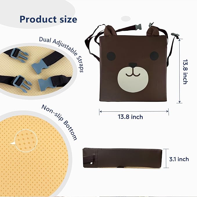 Toddler Booster Seat for Dining Table, Waterproof PU Cover, Non-Slip Foam Cushion with Dual Adjustable Straps, Portable Booster Seat for Kitchen Chairs (Brown-Bear)