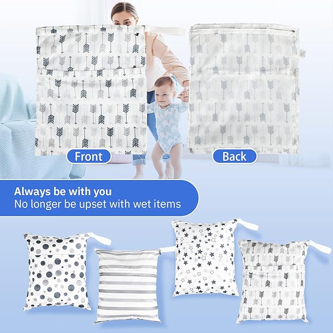 Frienda 4 Pieces Cloth Diaper Wet Dry Bag, Waterproof Reusable Washable Bag for Baby Items and Travel Zippered Pockets with Handle, Beach, Swimsuit, Dirty Gym Clothes and Toiletries(Geometric)