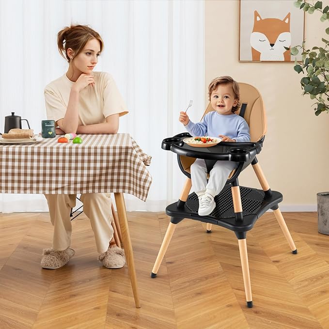 HONEY JOY Baby High Chair, 6-in-1 Convertible Wooden Highchair for Babies and Toddlers/Table Set/Toddler Chair with Safety Harness, 4-Position Removable Feeding Tray (Coffee)
