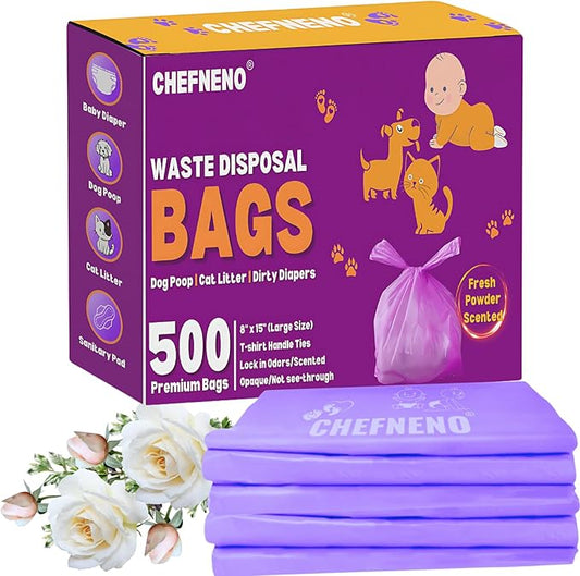 Disposable Baby Diaper Bags (500 Bags) Fresh Powder Scented Easy Tie Handles epi Eco-Friendly Diaper Disposable Sacks Dog Poop Bags Cat Litter Waste Bags (Fresh Powder, 500 ct.)