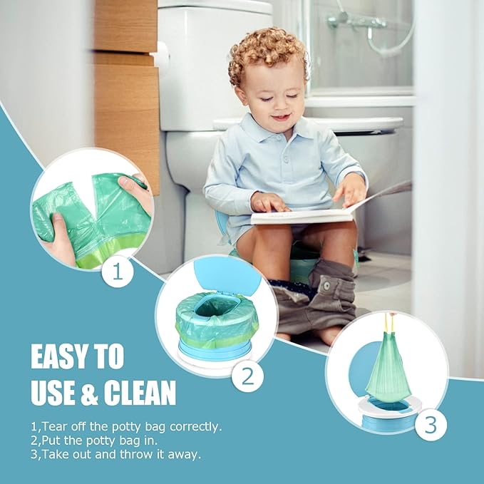 Portable Potty for Toddler Travel Foldable Potty Seat for Toddler Training Toilet for Kids Boys Girls Car Potty On The Go Potty Travel Potty Chair for Camping Park Indoor/Outdoor -105PCS Cleaning Bags