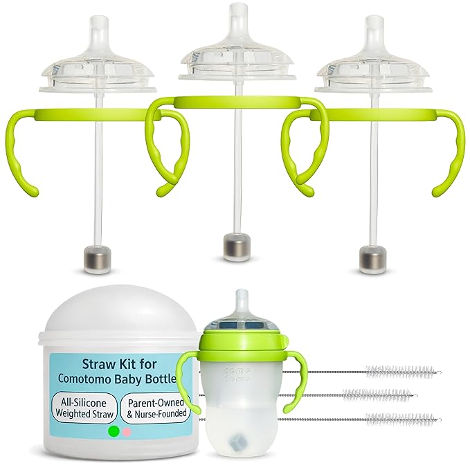 Straw Cup Conversion Kit for Comotomo Baby Bottles 3-Count, Soft Food Grade Silicone Straw Spout Nipples, All Silicone Weighted Straw, Green Bottle Handles and Cleaning Brush, BPA Free, 6+ Months